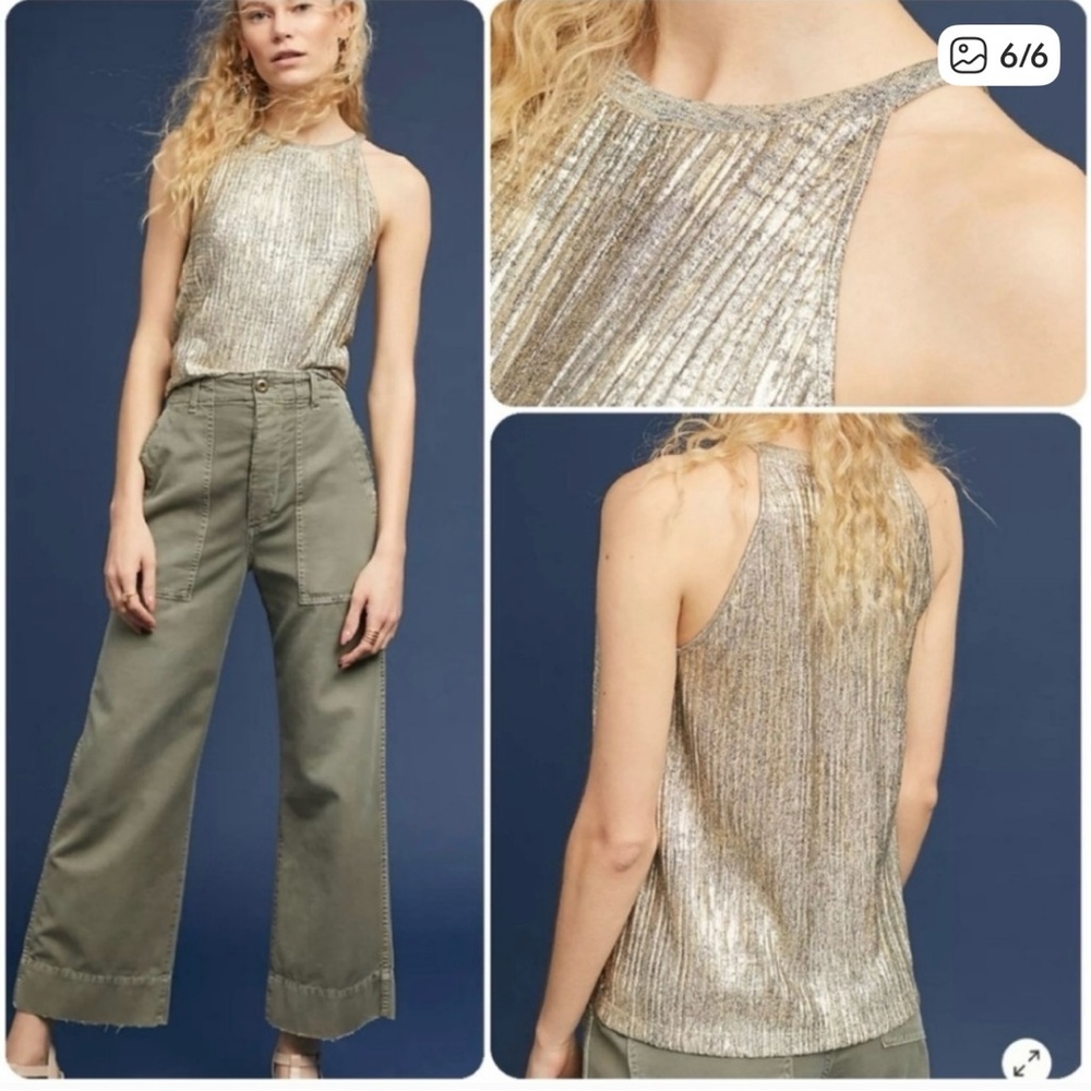 Moulinette Souers shimmery gold metallic Shine halter tank Anthropologie large
